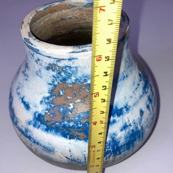 Artisan Vintage Blue and White Clay Pottery Vase Pre Owned